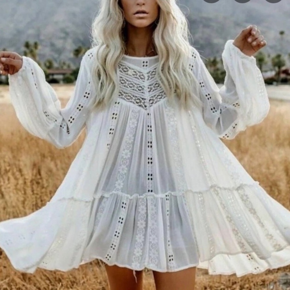 Free People White Gauze Tunic with Lace Size S
